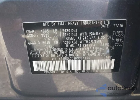 2017 Subaru Outback 2.5I Premium from USA, damaged, VIN 4S4BSACC3H3301155